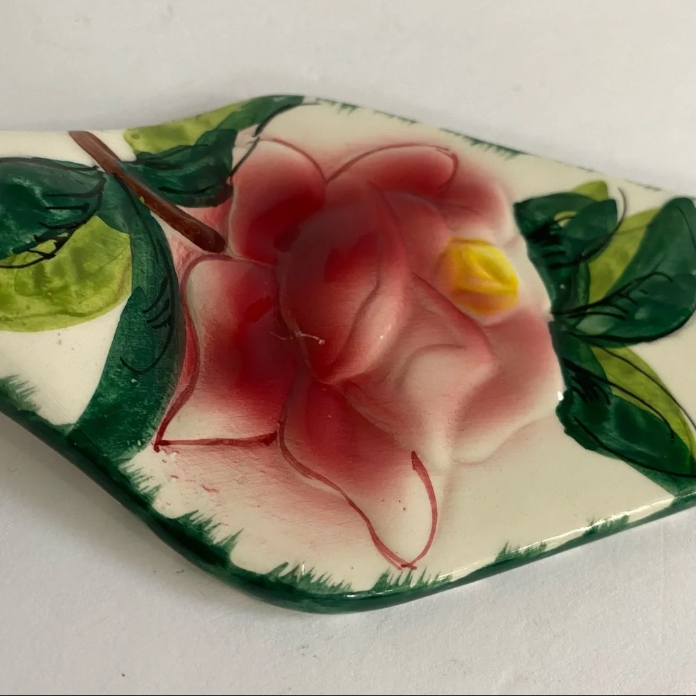 Ceramic Pie Cake Server made in Italy Red rose white 9.5” floral pottery pink
